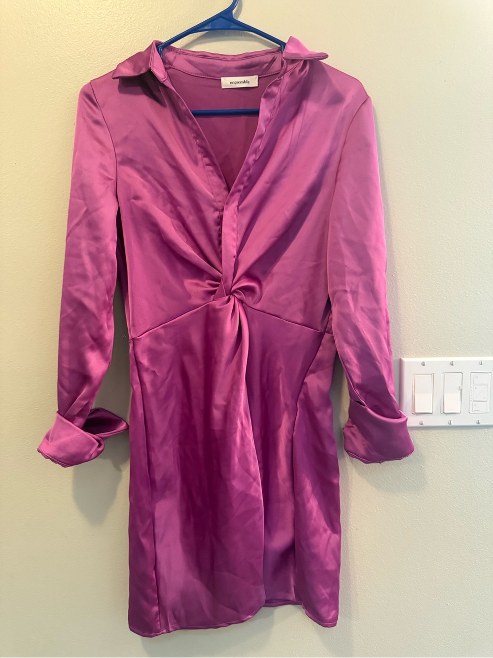 Ensemble Fuchsia Twist-Front Satin Long Sleeve Dress